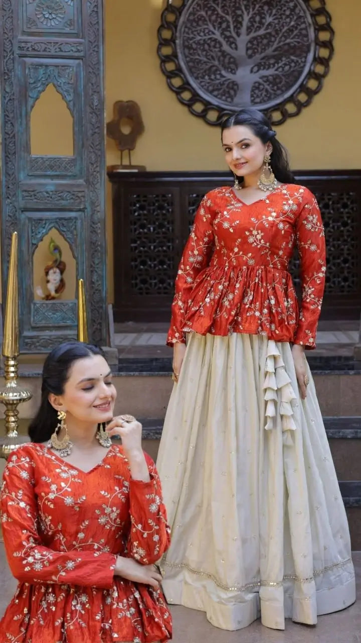 Designer soft white Lehenga with Long peplum blouse for Festive Occasions