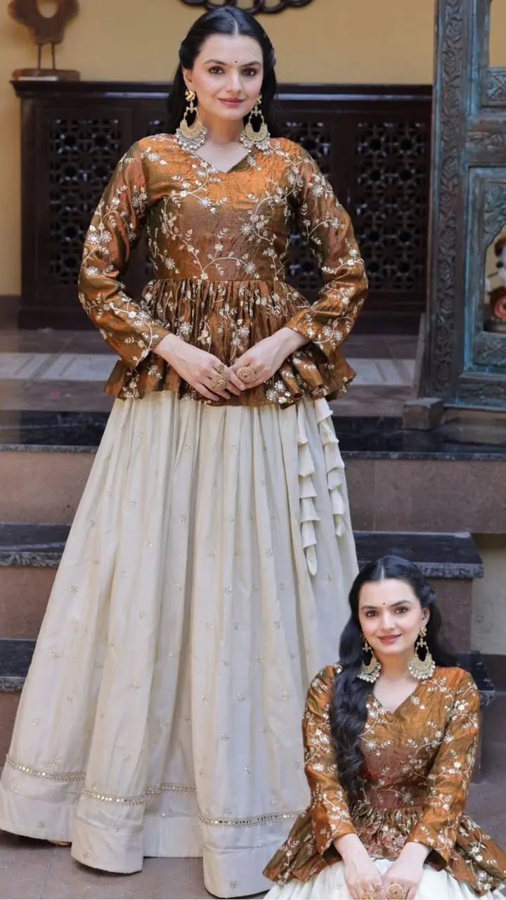 Designer soft white Lehenga with Long peplum blouse for Festive Occasions