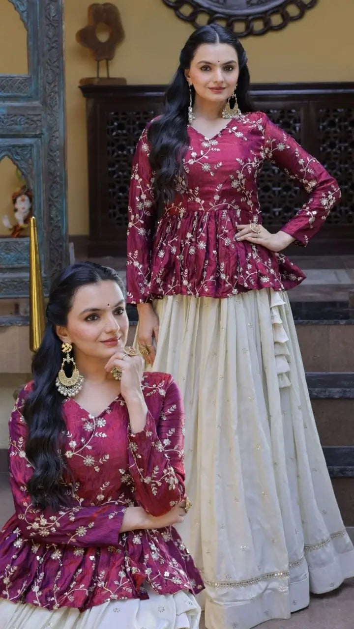 Designer soft white Lehenga with Long peplum blouse for Festive Occasions