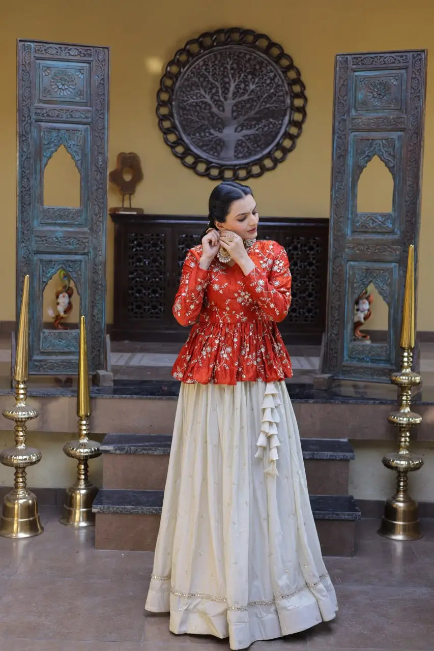 Designer soft white Lehenga with Long peplum blouse for Festive Occasions