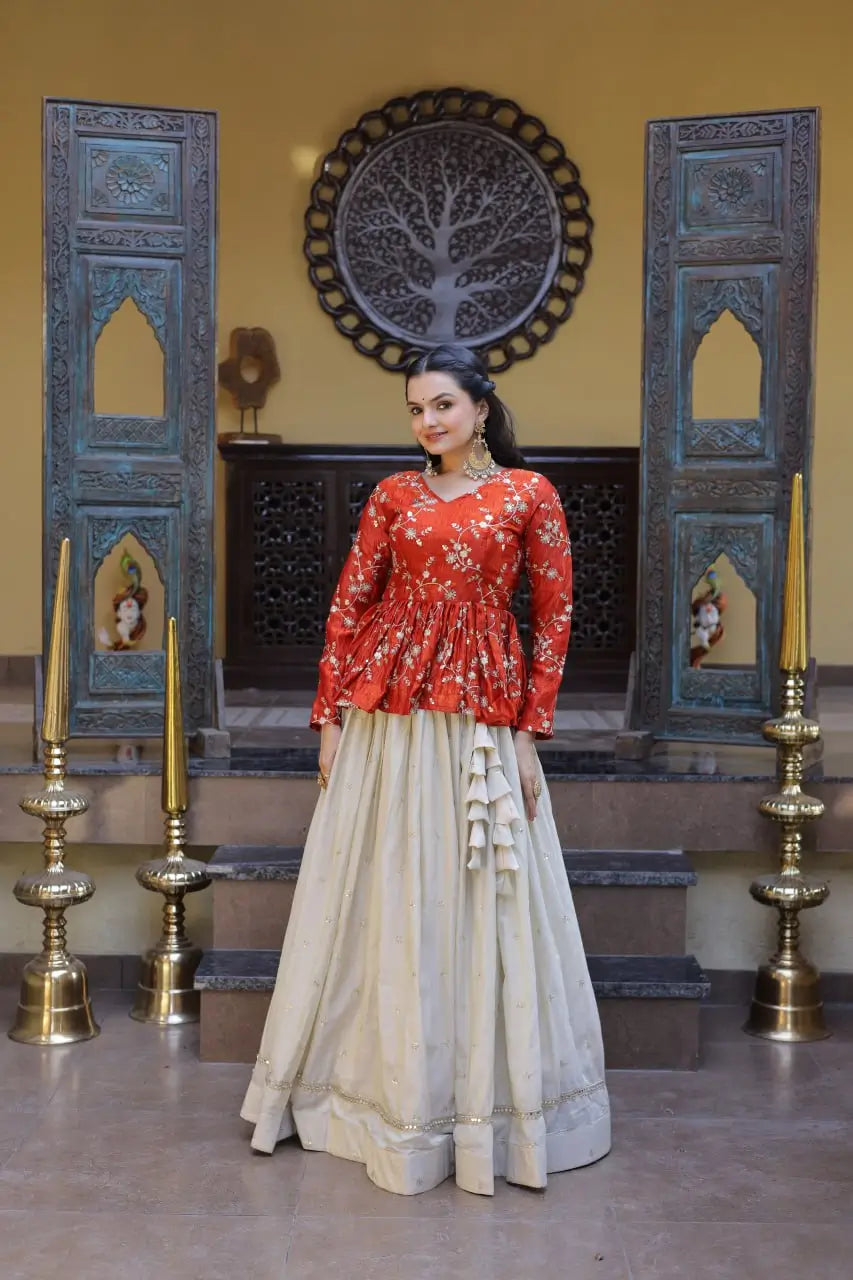 Designer soft white Lehenga with Long peplum blouse for Festive Occasions
