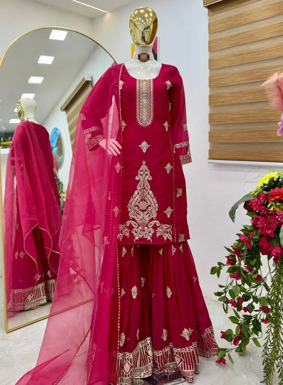Diamond Georgette Embroidered Sharara Set with Dupatta