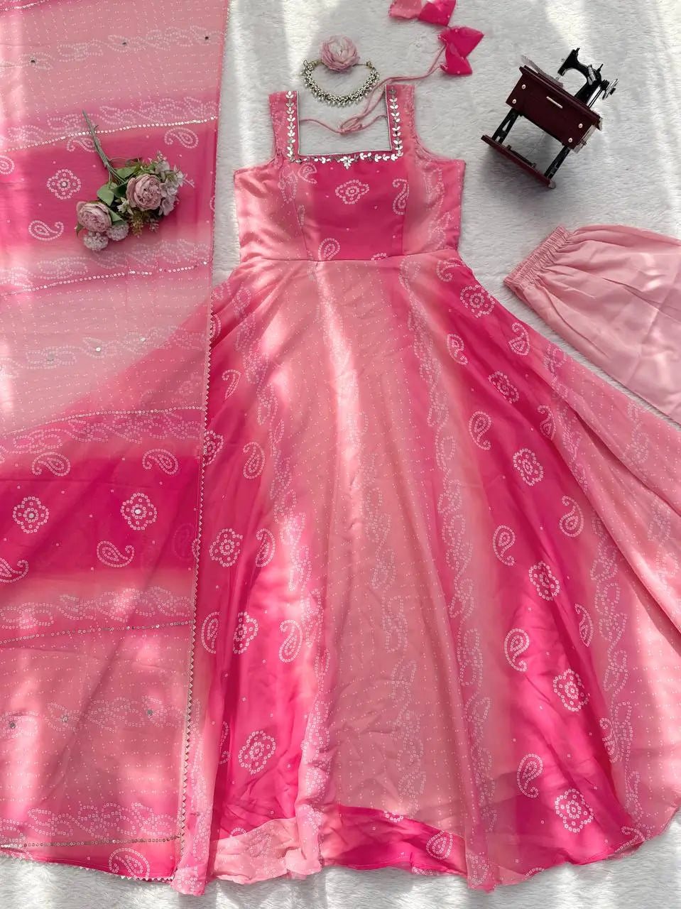 Digital Print Georgette Mirror Work Anarkali Set