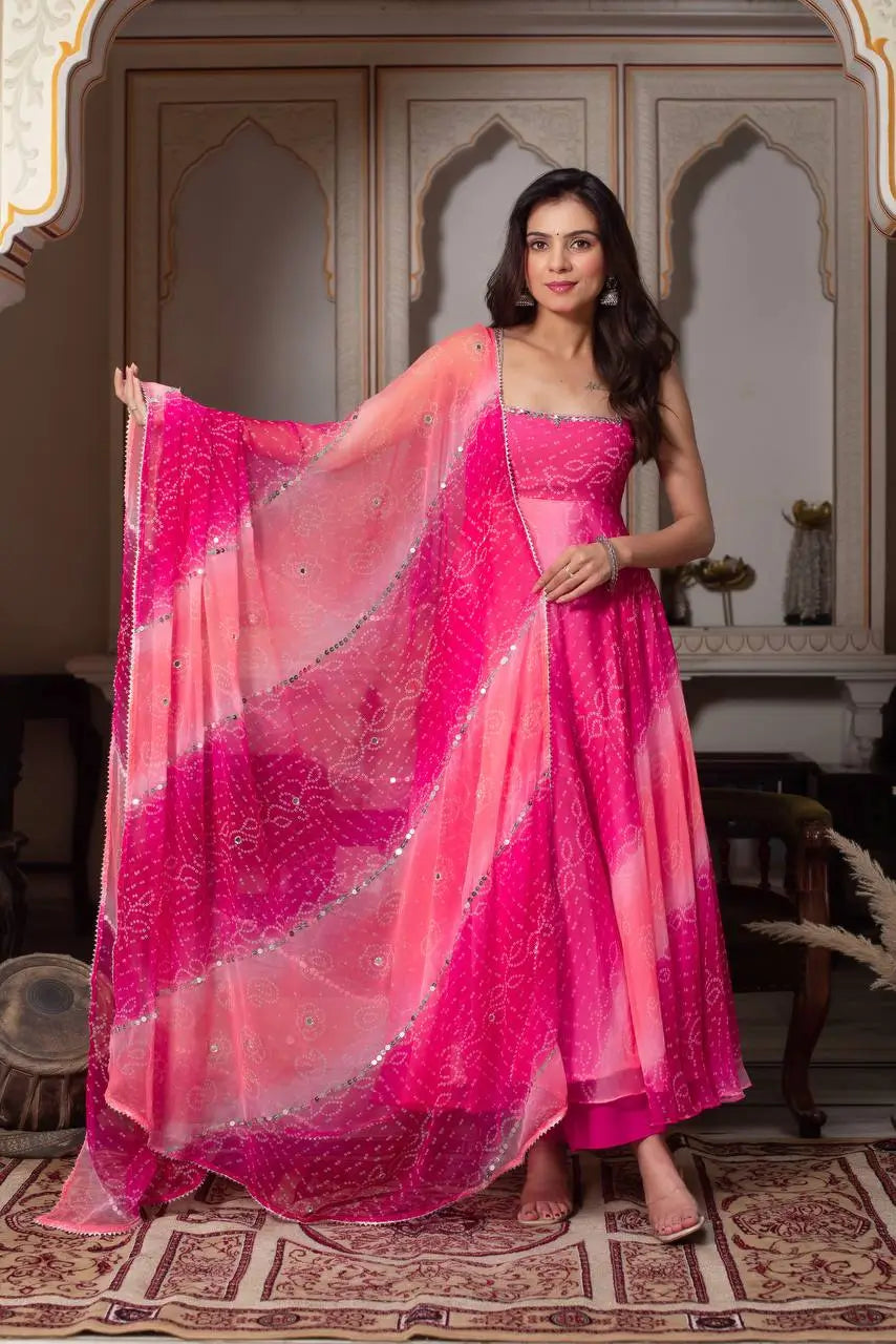 Digital Print Georgette Mirror Work Anarkali Set