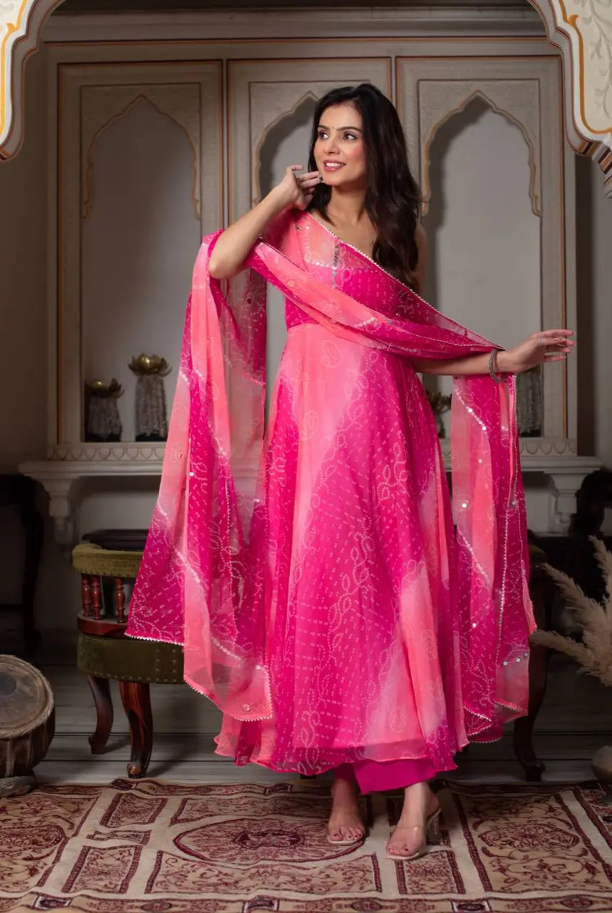 Digital Print Georgette Mirror Work Anarkali Set