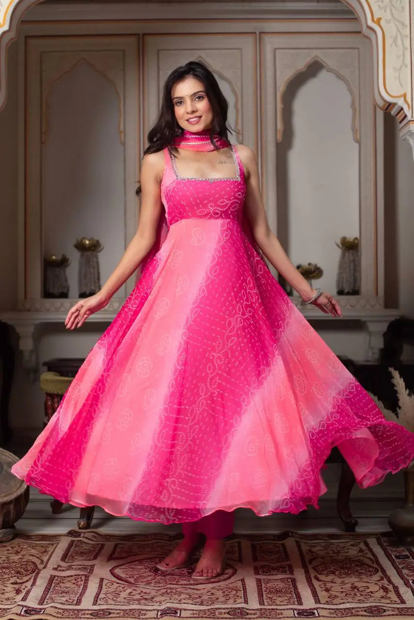 Digital Print Georgette Mirror Work Anarkali Set