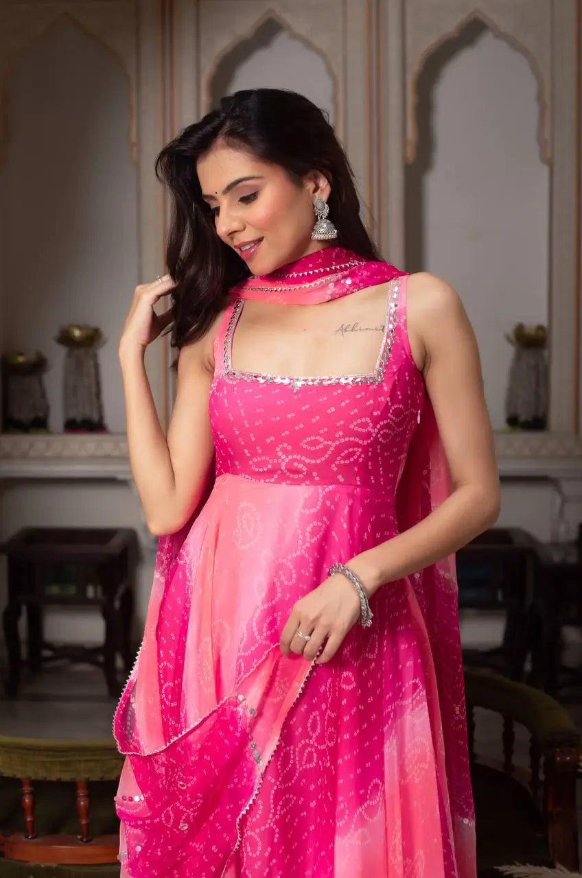 Digital Print Georgette Mirror Work Anarkali Set