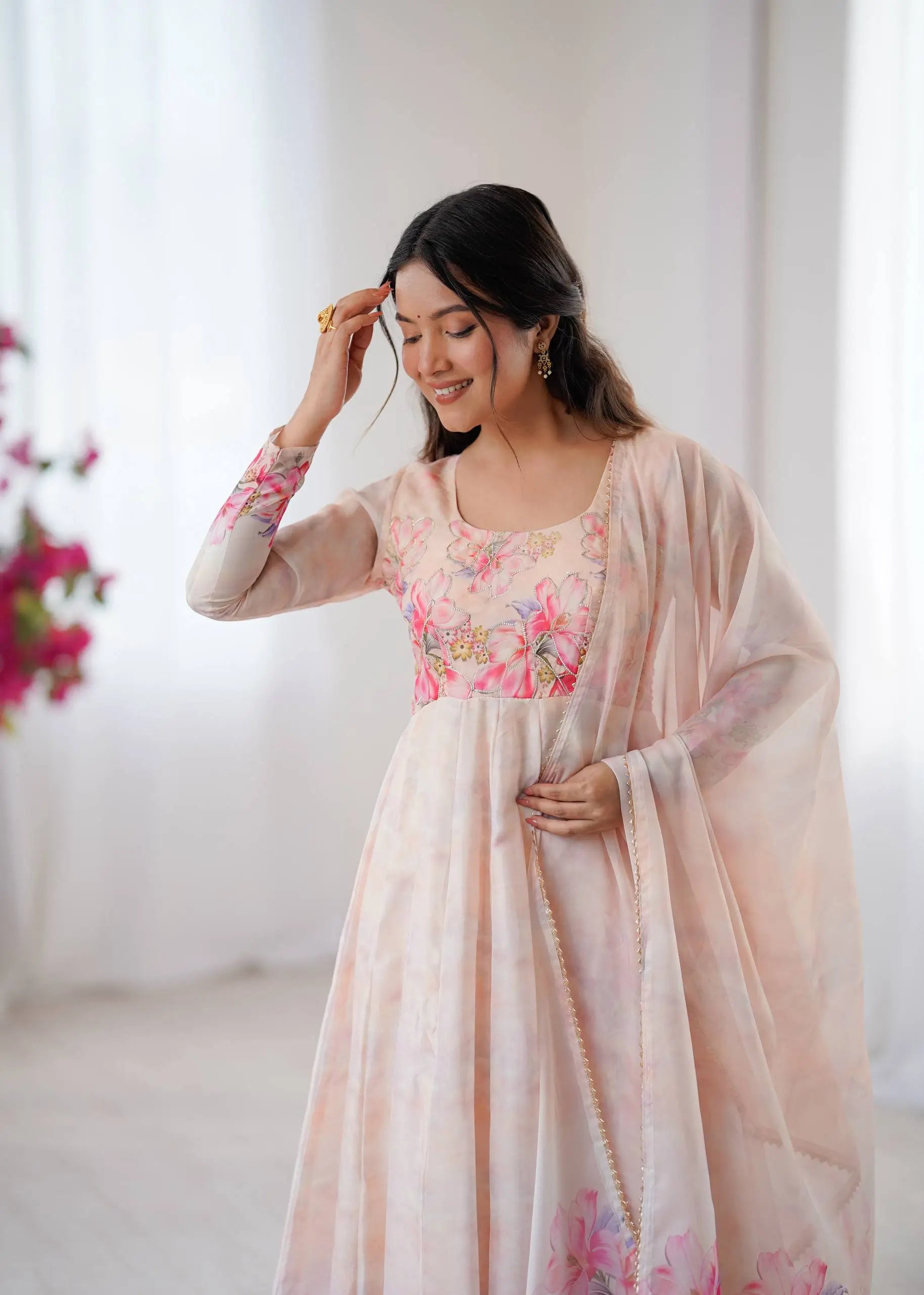 Digital Print Organza Silk Gown Set with Dupatta