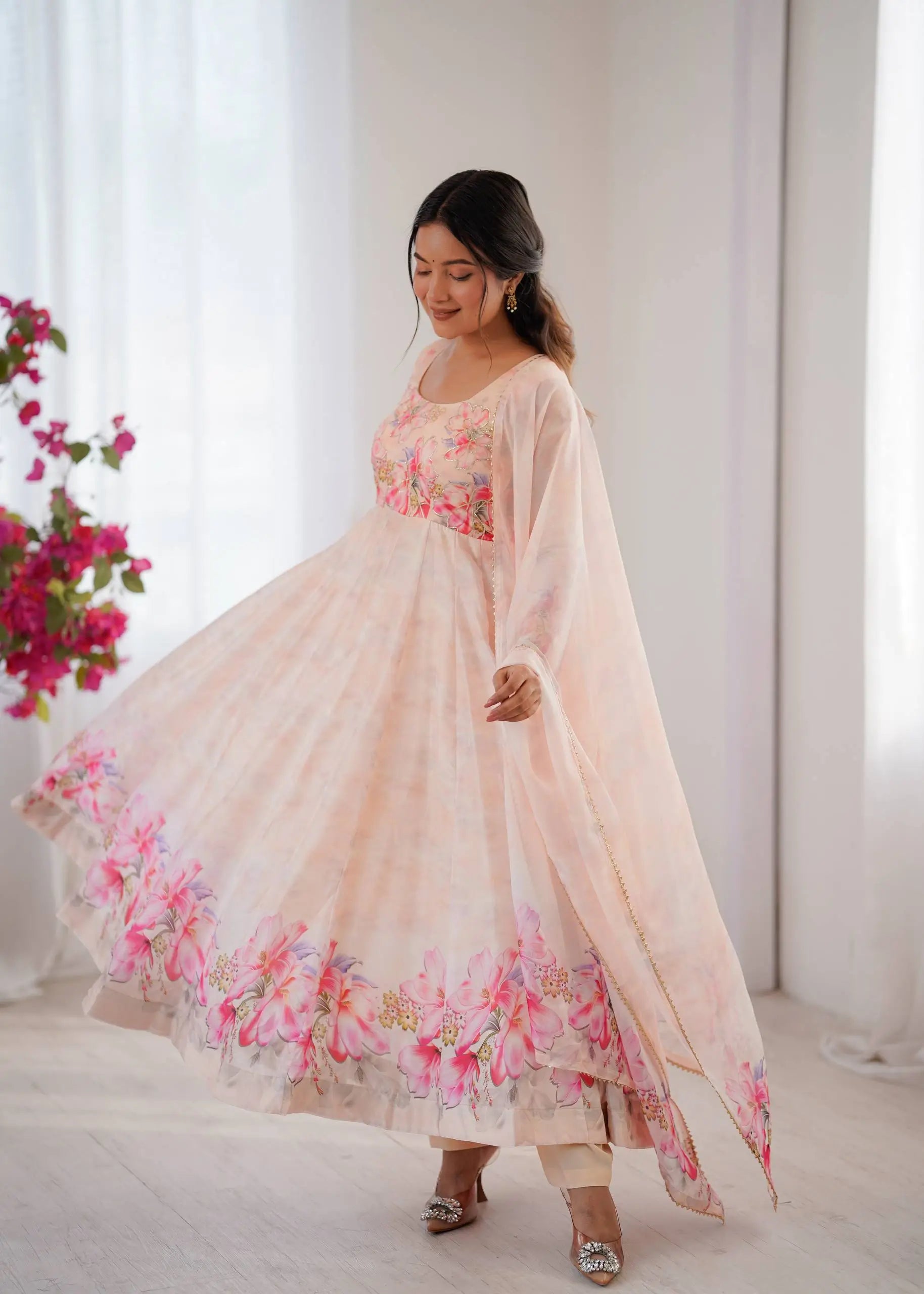 Digital Print Organza Silk Gown Set with Dupatta
