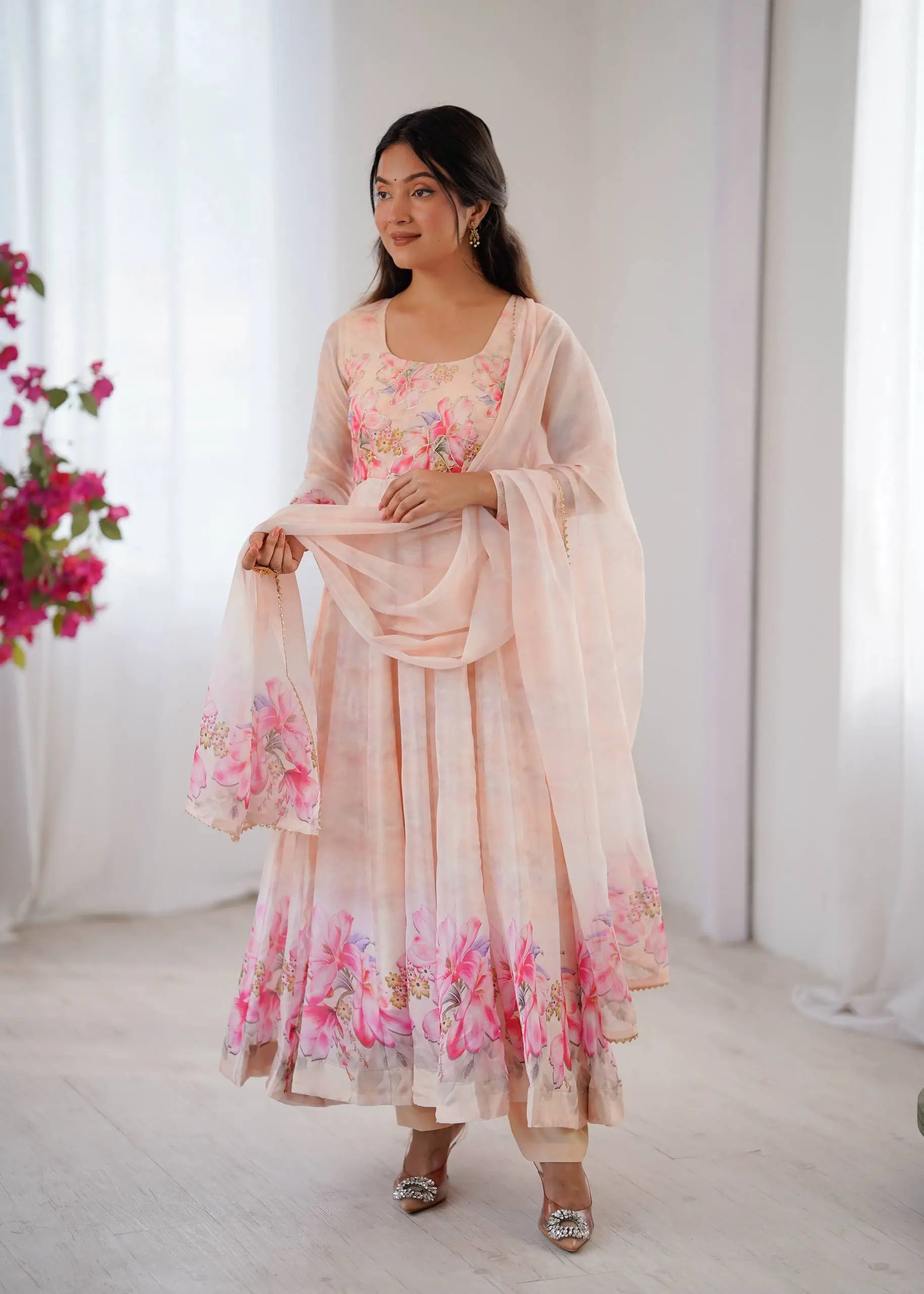 Digital Print Organza Silk Gown Set with Dupatta