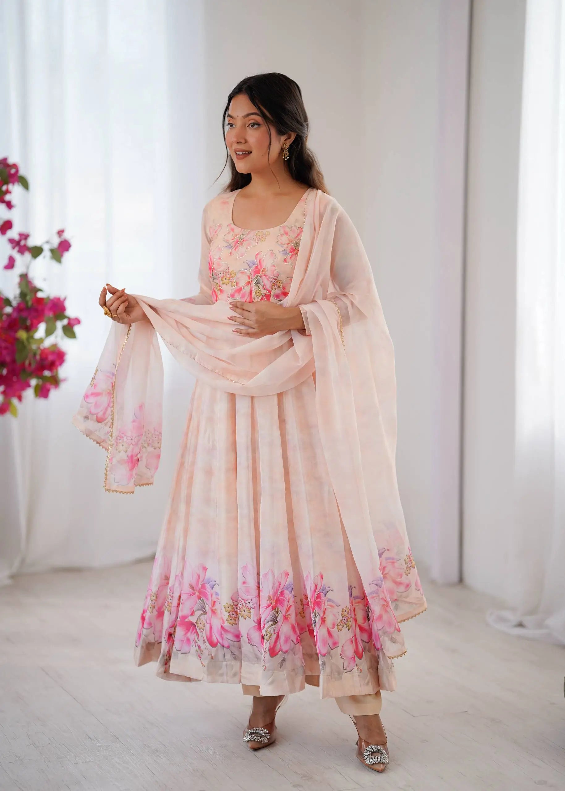 Digital Print Organza Silk Gown Set with Dupatta