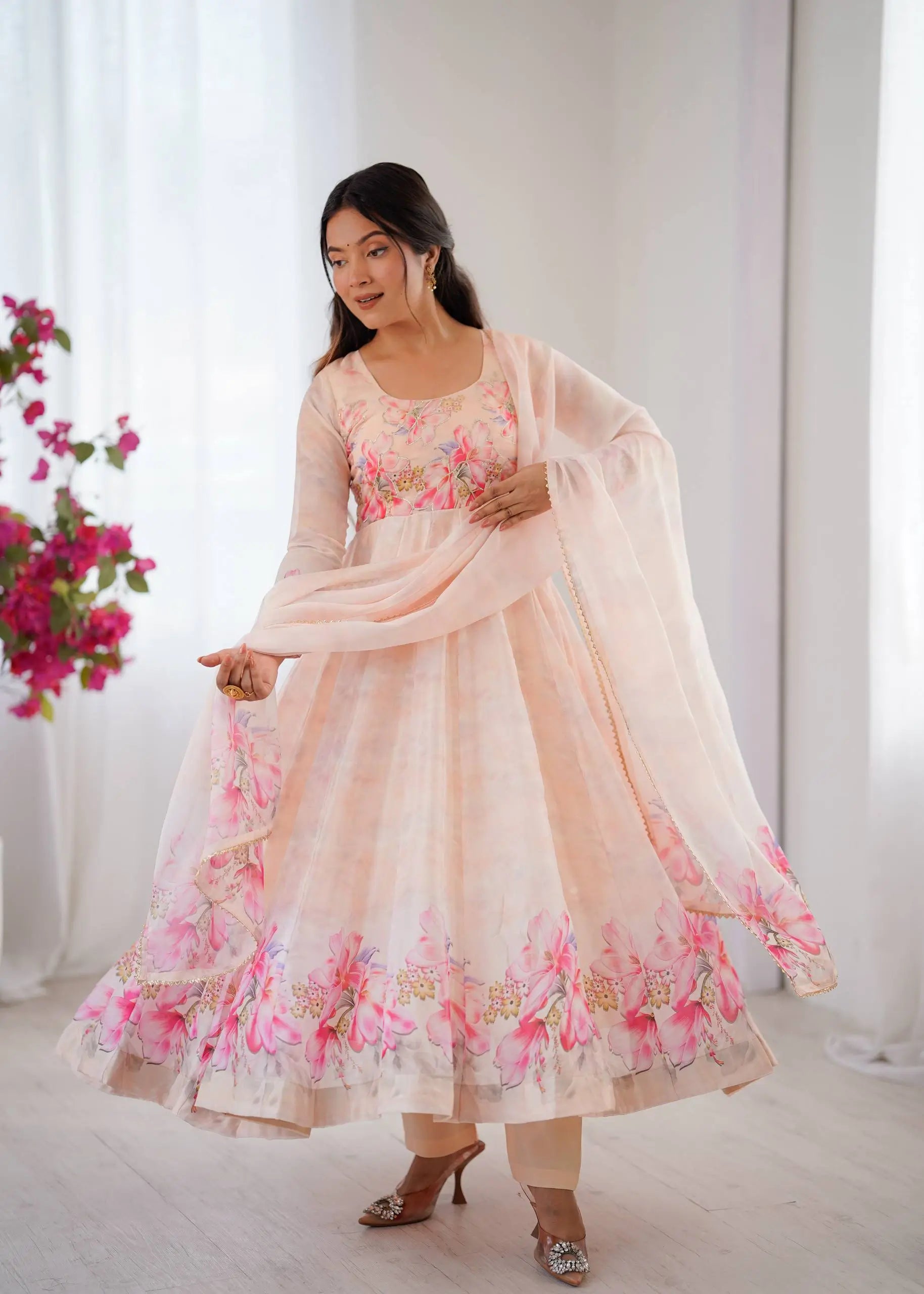 Digital Print Organza Silk Gown Set with Dupatta