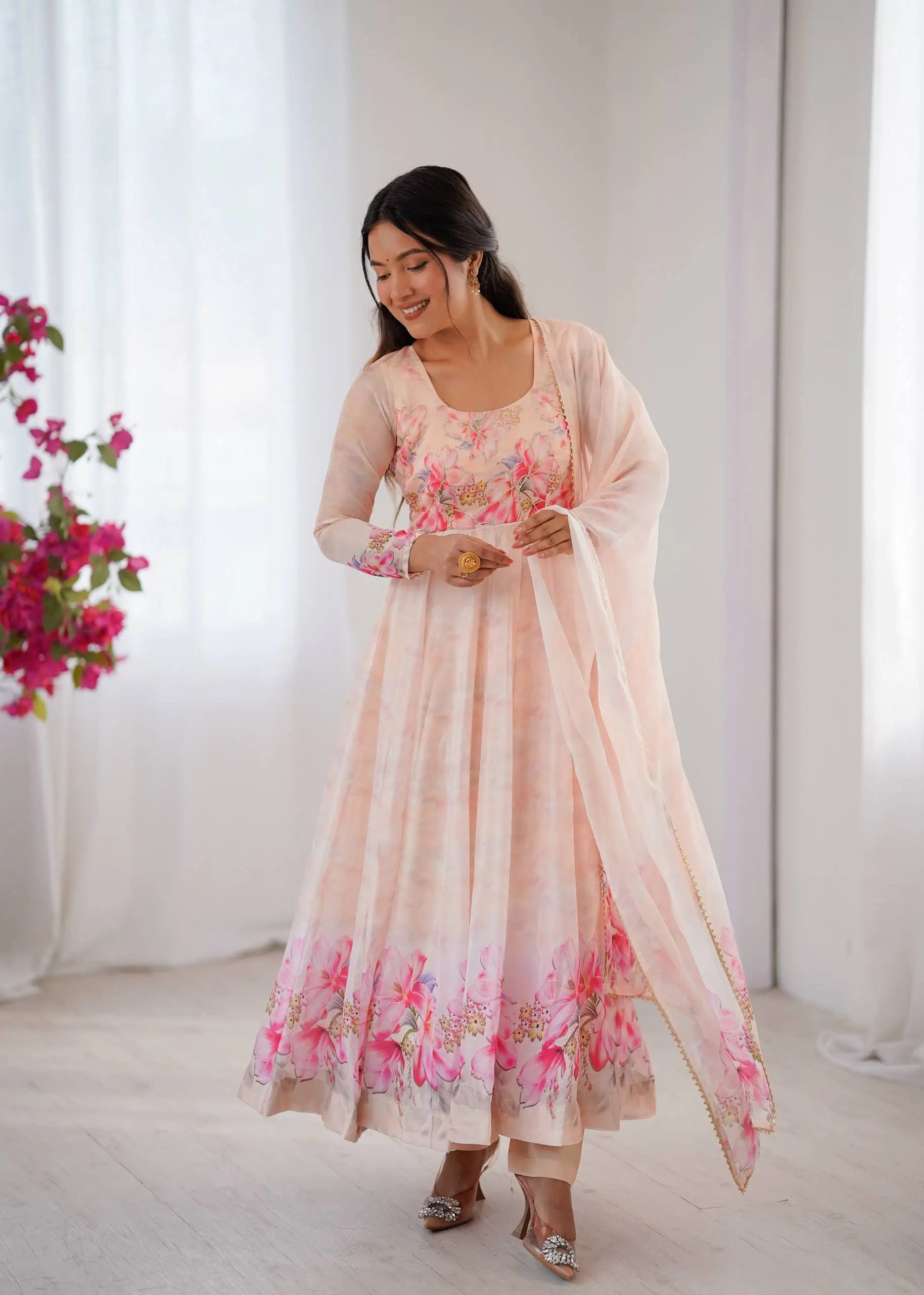 Digital Print Organza Silk Gown Set with Dupatta