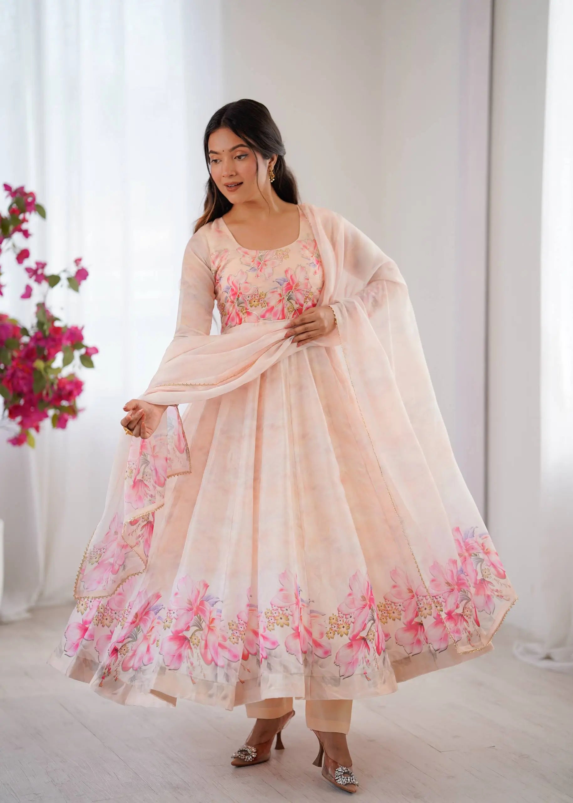 Digital Print Organza Silk Gown Set with Dupatta