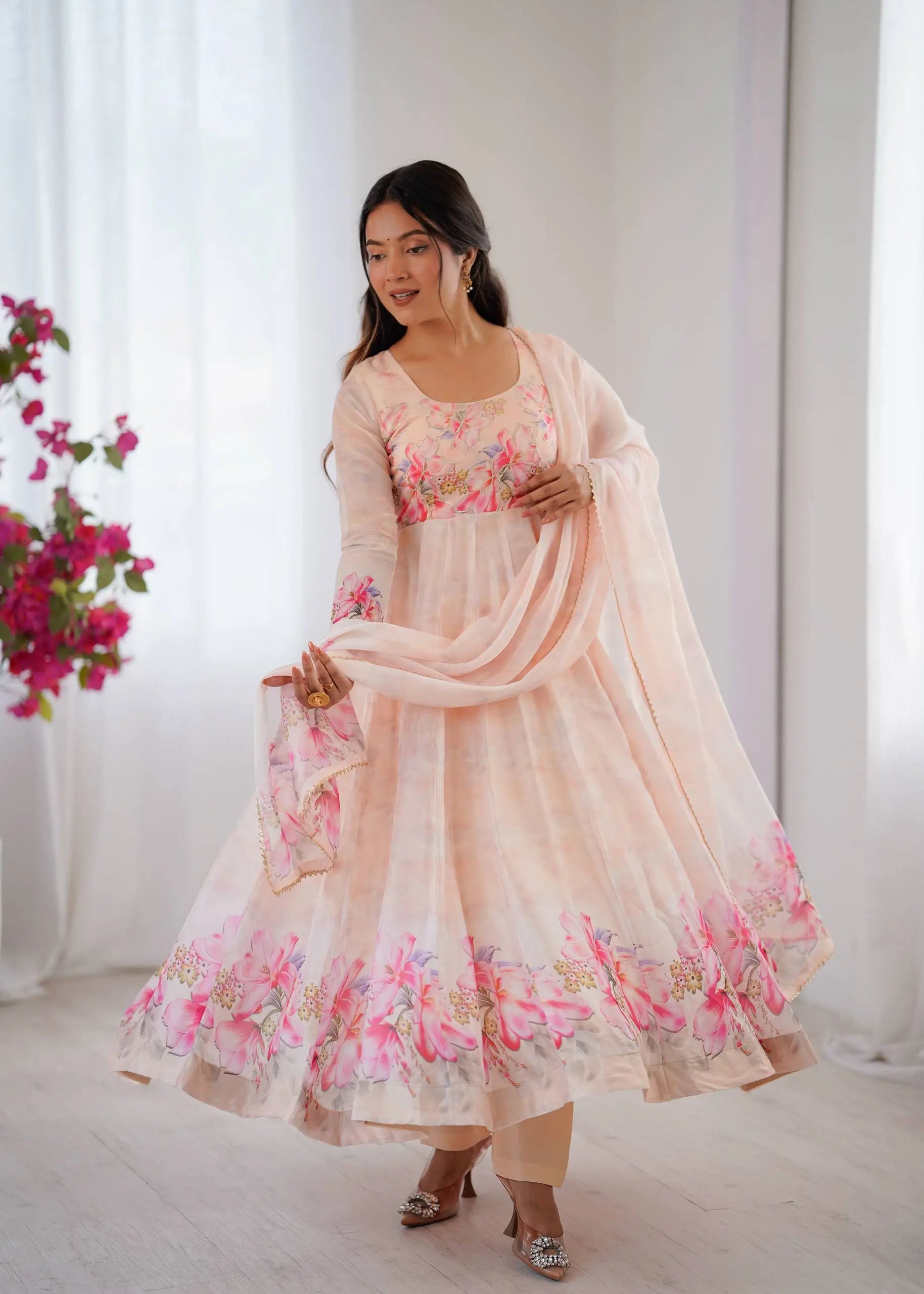 Digital Print Organza Silk Gown Set with Dupatta
