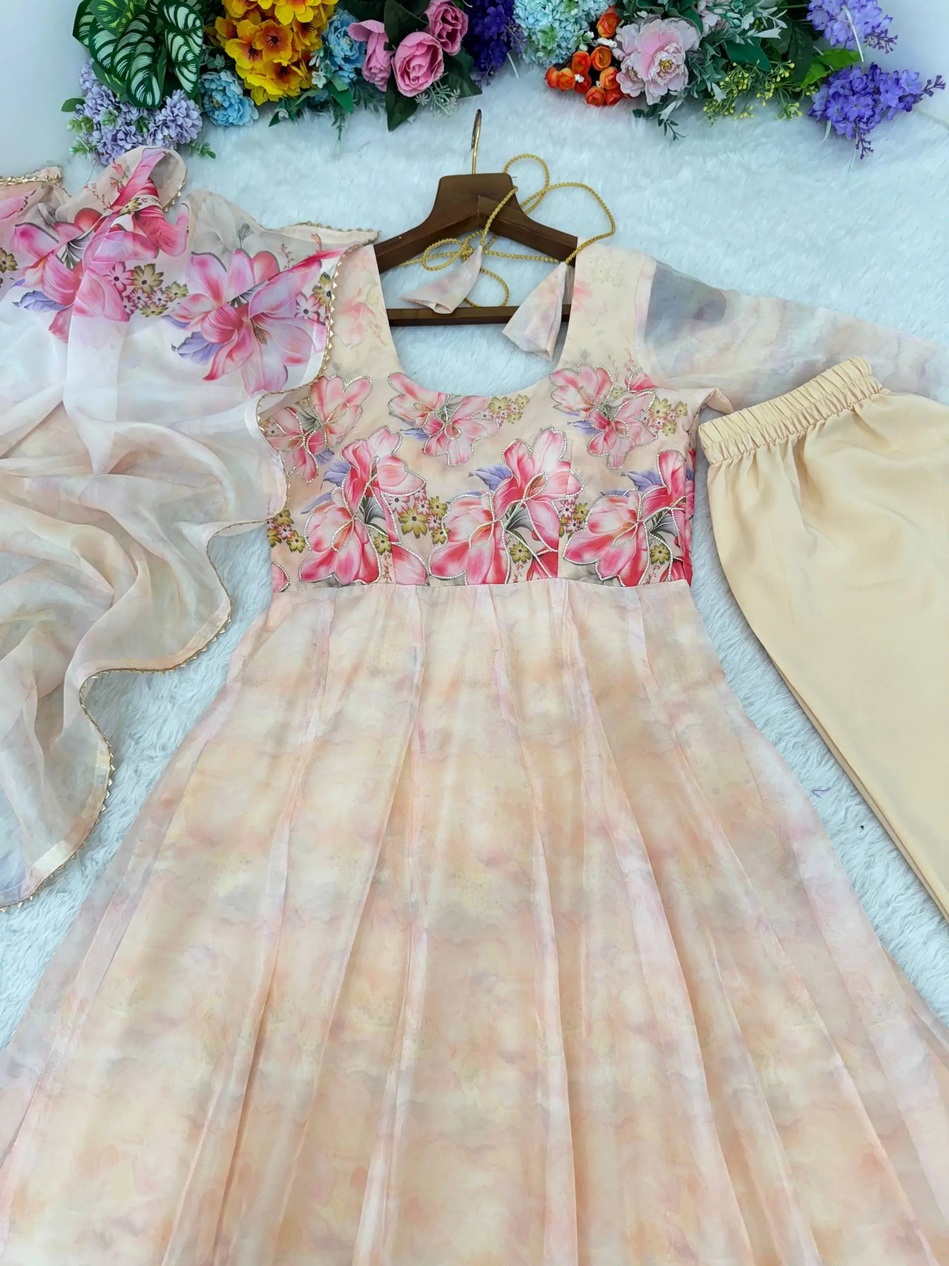 Digital Print Organza Silk Gown Set with Dupatta