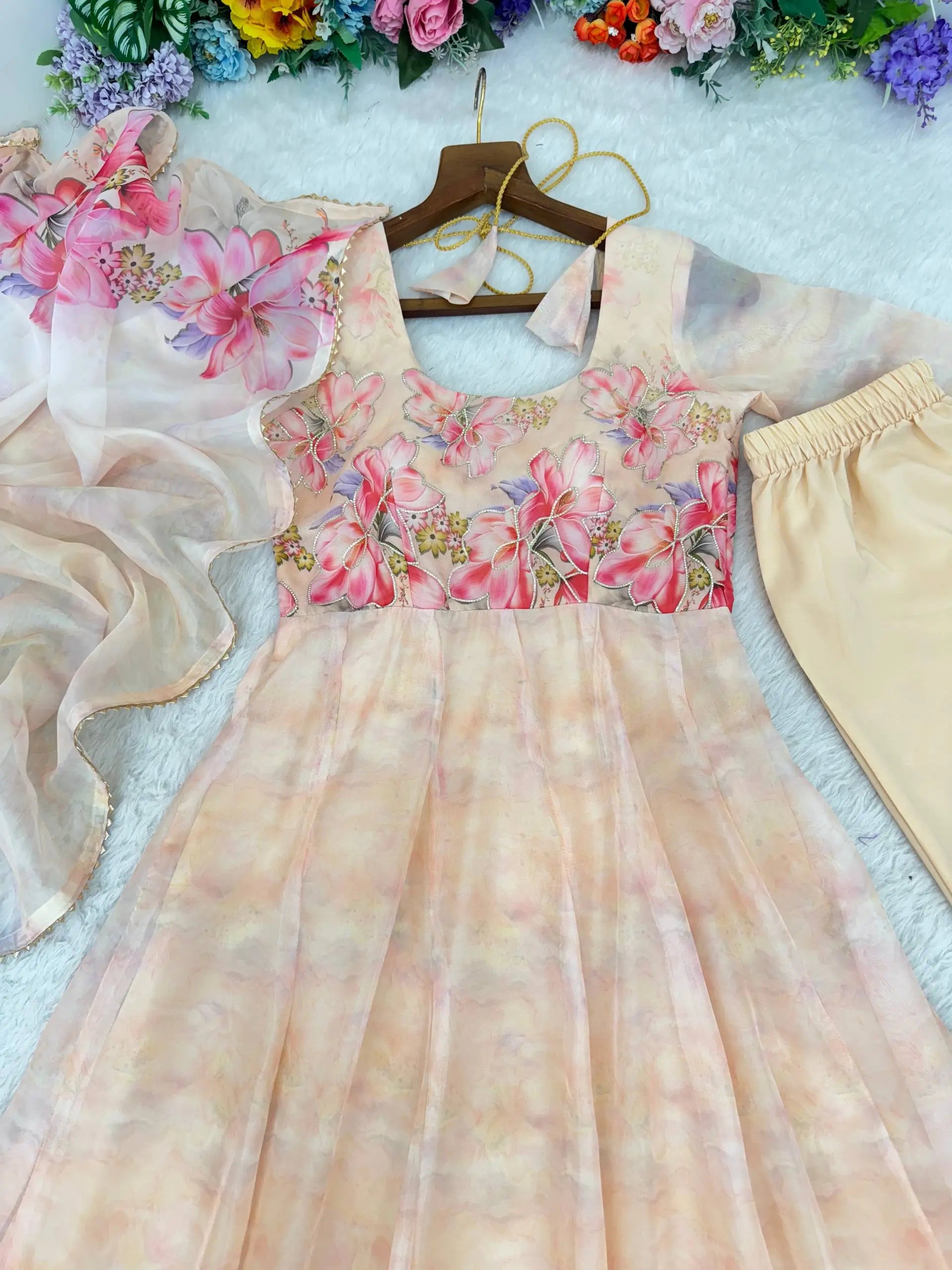 Digital Print Organza Silk Gown Set with Dupatta
