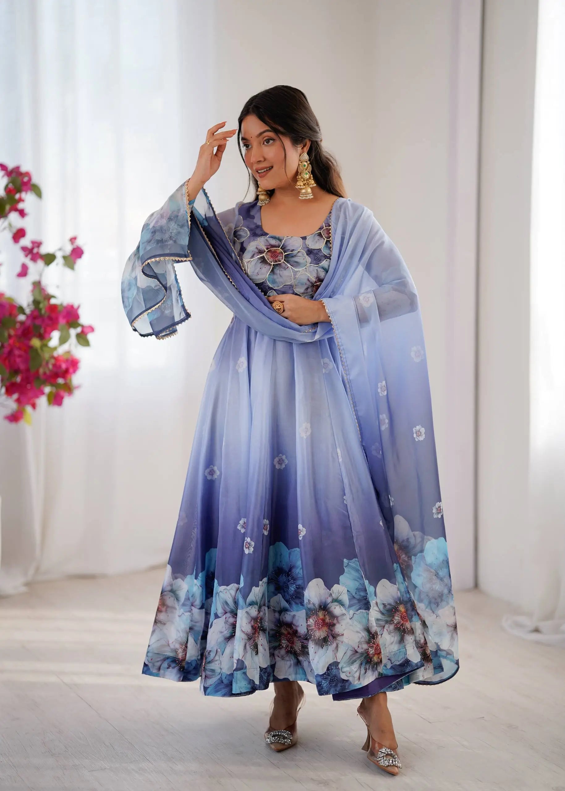Digital Print Organza Silk Gown Set with Dupatta