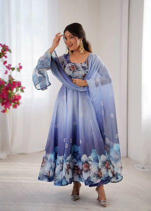 Digital Print Organza Silk Gown Set with Dupatta