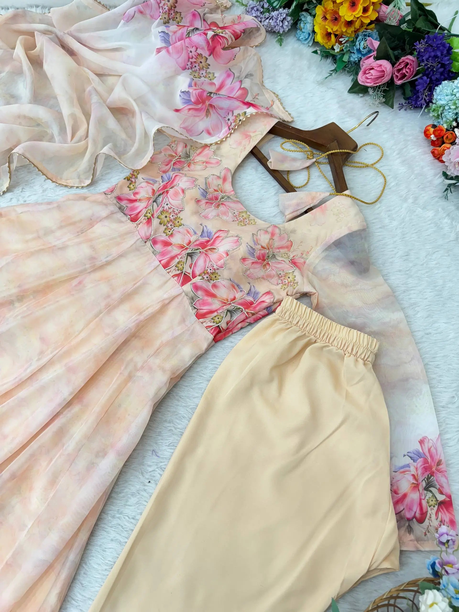 Digital Print Organza Silk Gown Set with Dupatta