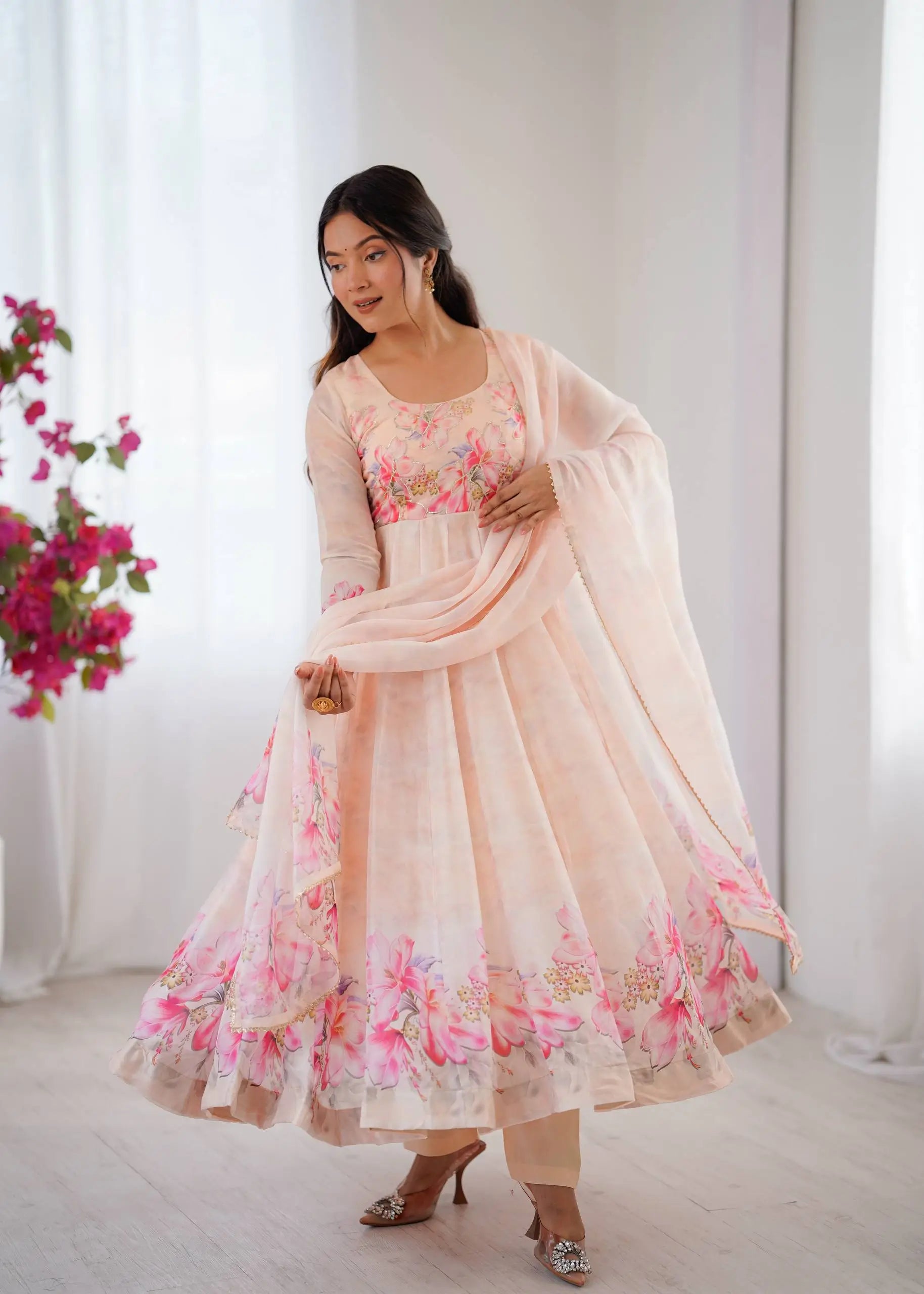 Digital Print Organza Silk Gown Set with Dupatta