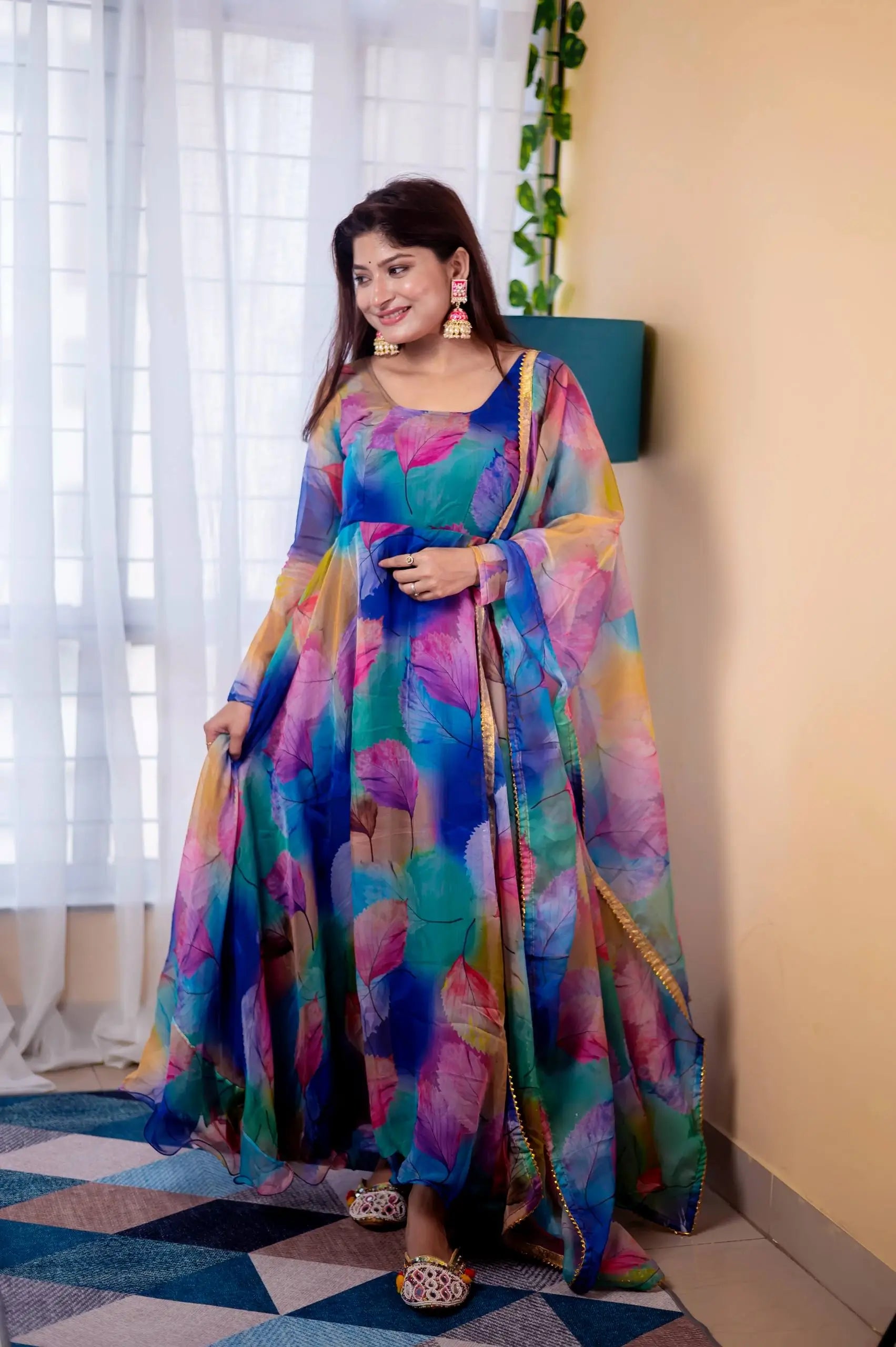 Digital Print Organza Silk Gown Set with Dupatta