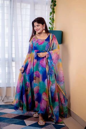 Digital Print Organza Silk Gown Set with Dupatta