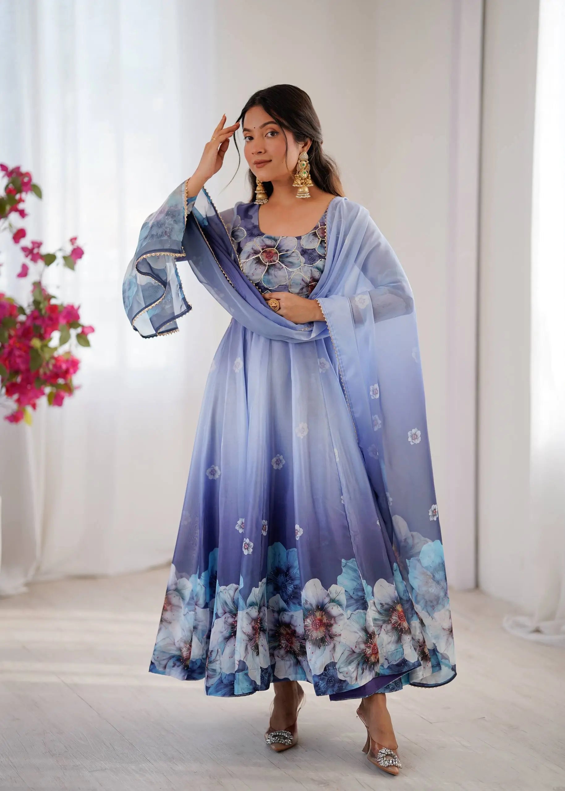 Digital Print Organza Silk Gown Set with Dupatta