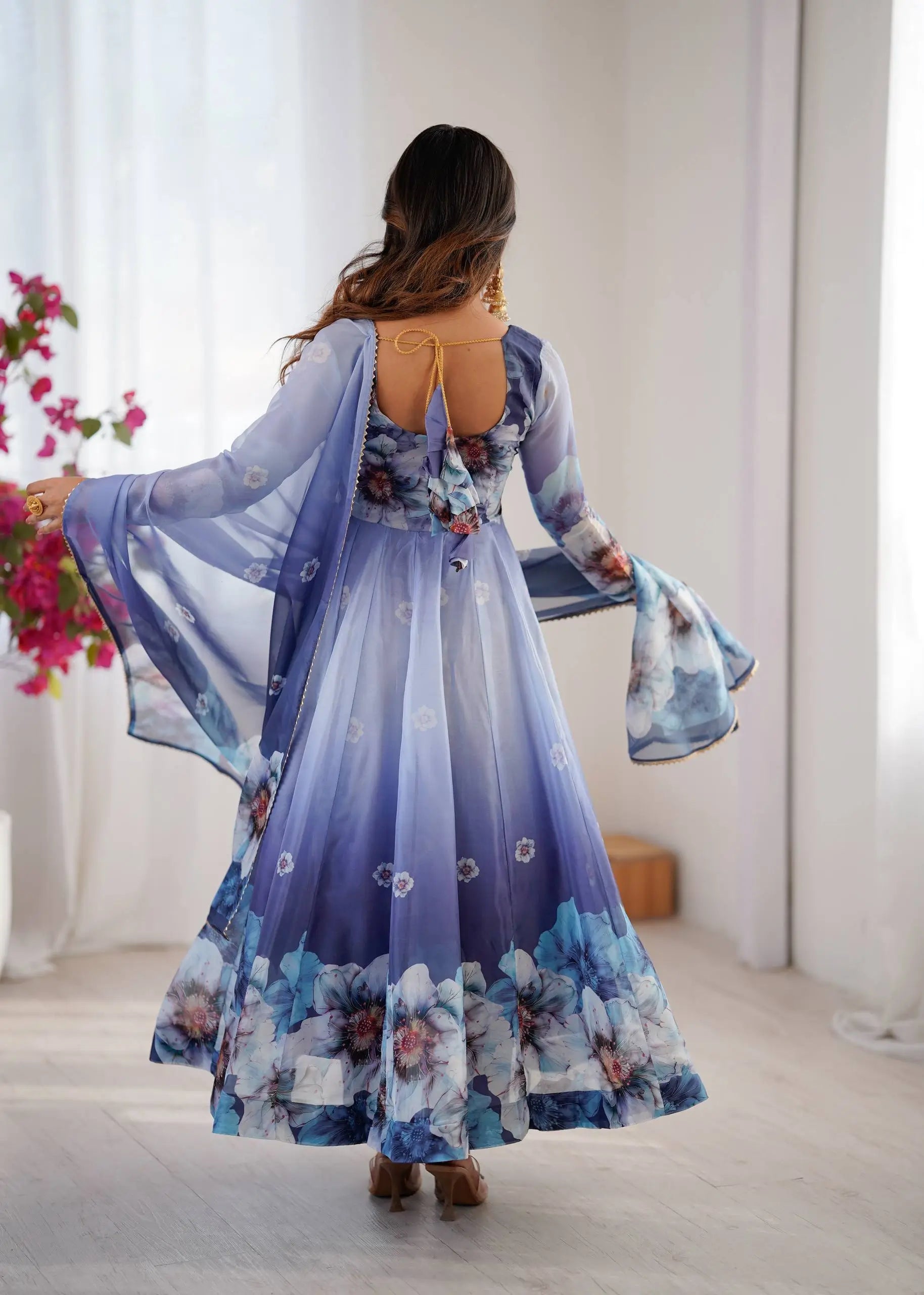 Digital Print Organza Silk Gown Set with Dupatta