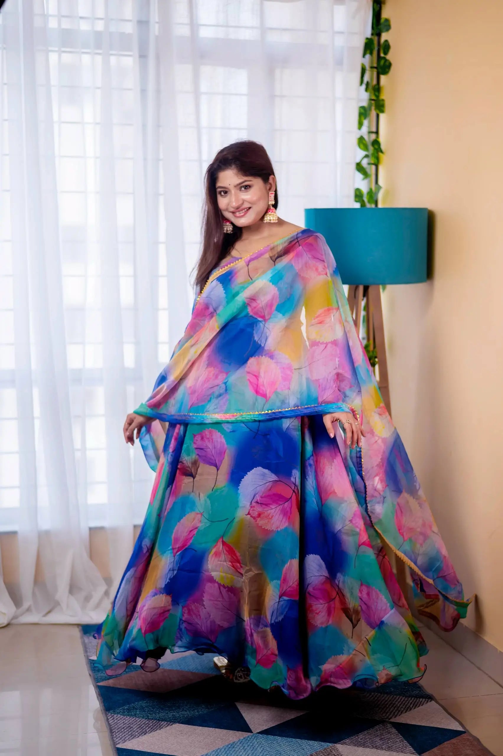 Digital Print Organza Silk Gown Set with Dupatta