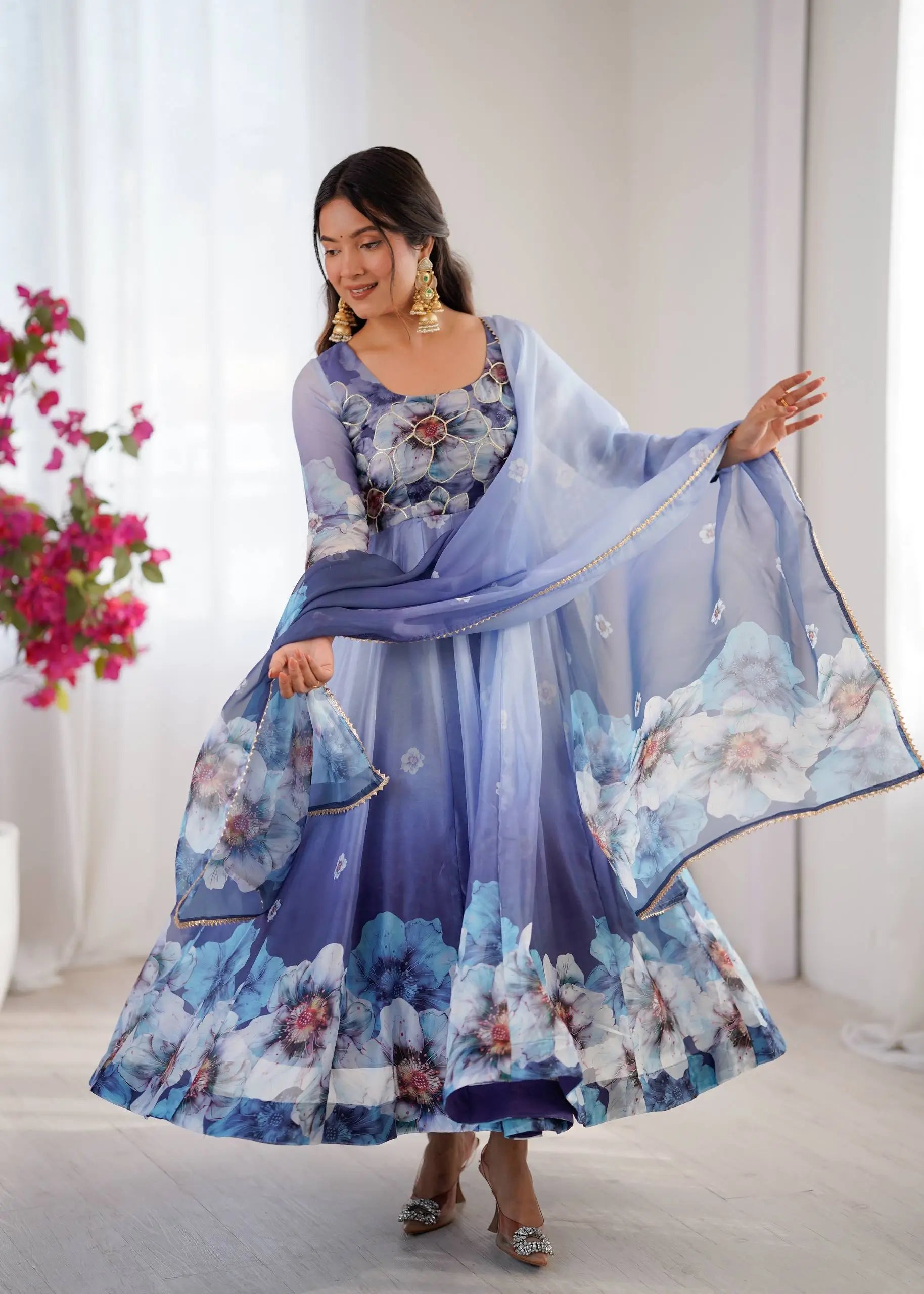 Digital Print Organza Silk Gown Set with Dupatta