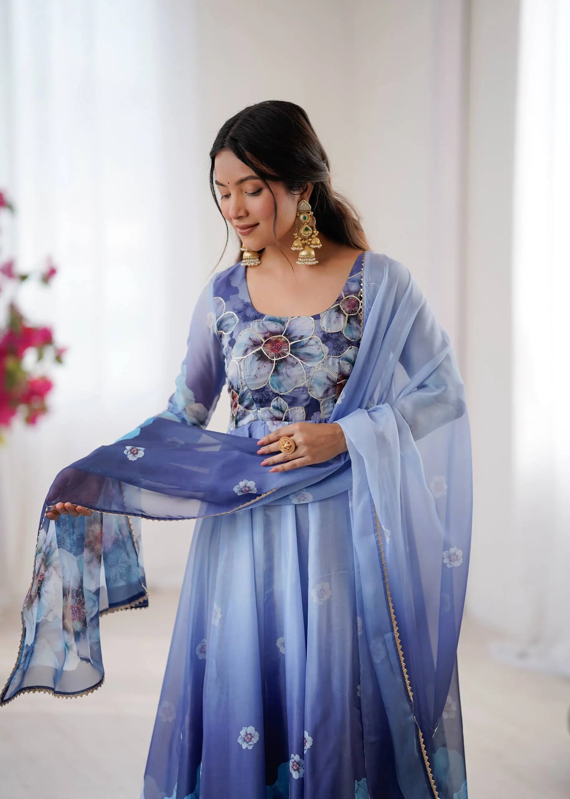 Digital Print Organza Silk Gown Set with Dupatta