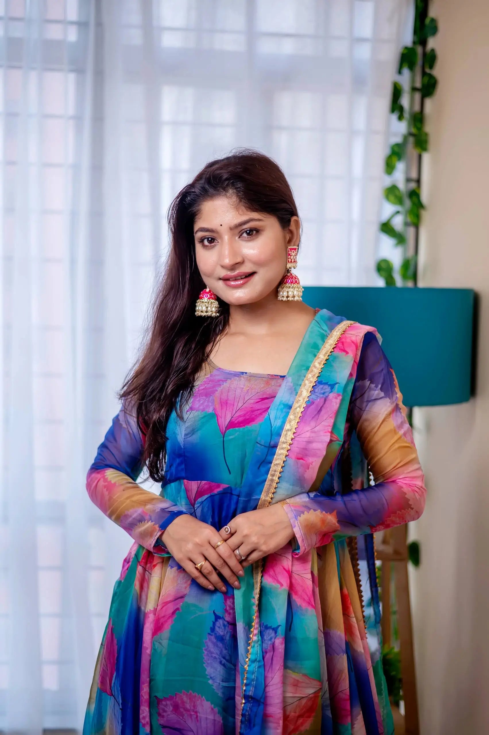 Digital Print Organza Silk Gown Set with Dupatta