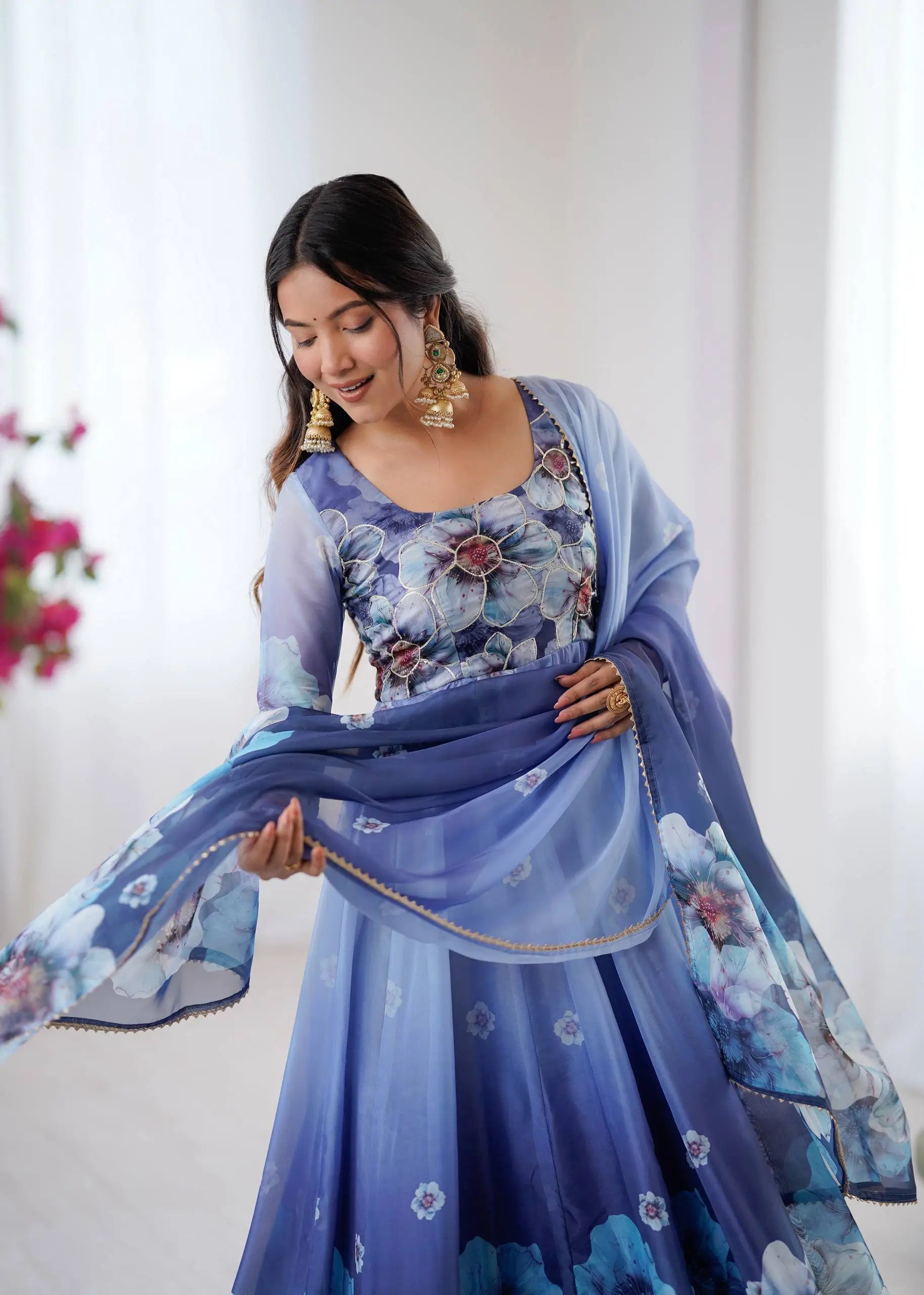 Digital Print Organza Silk Gown Set with Dupatta