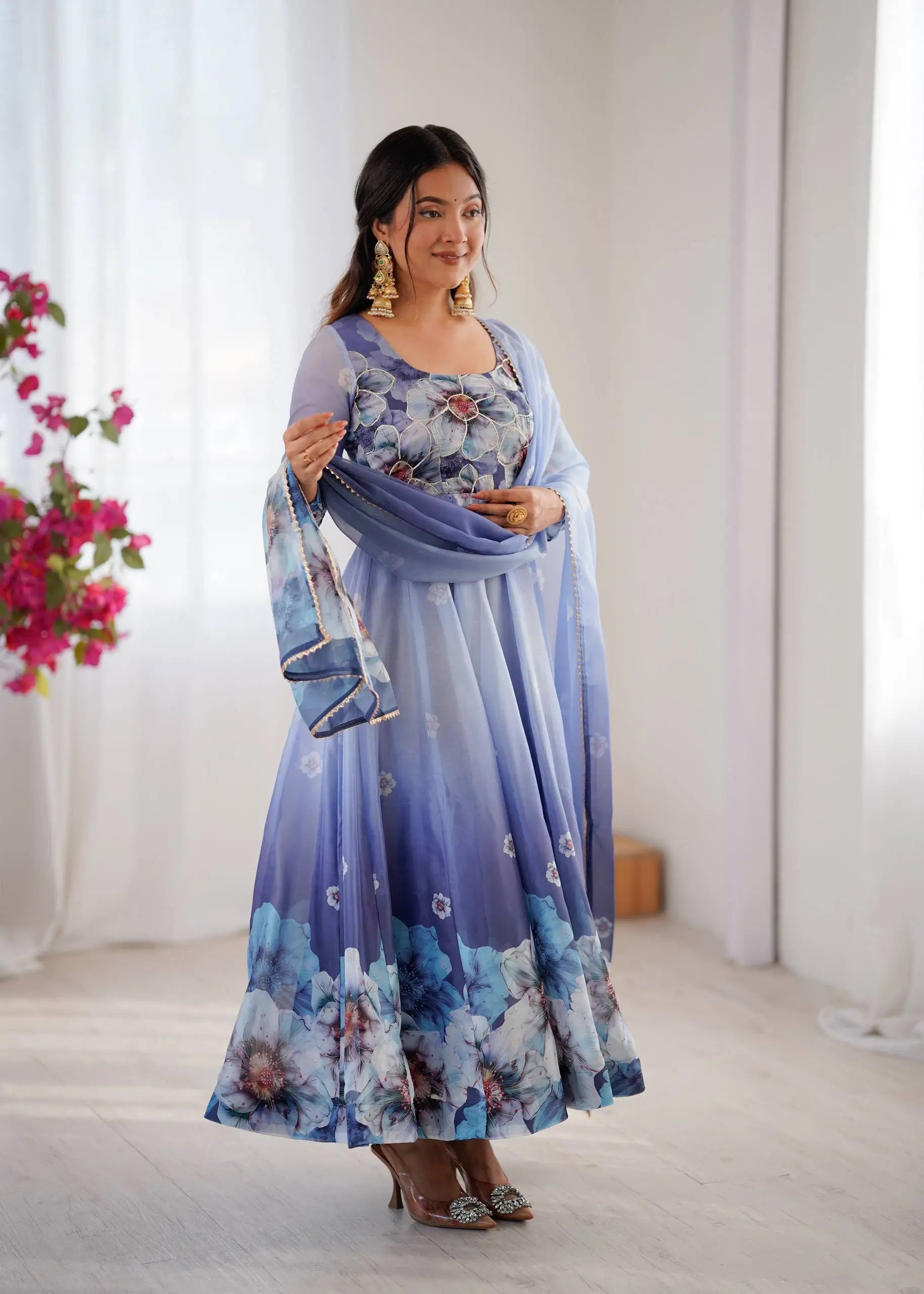 Digital Print Organza Silk Gown Set with Dupatta