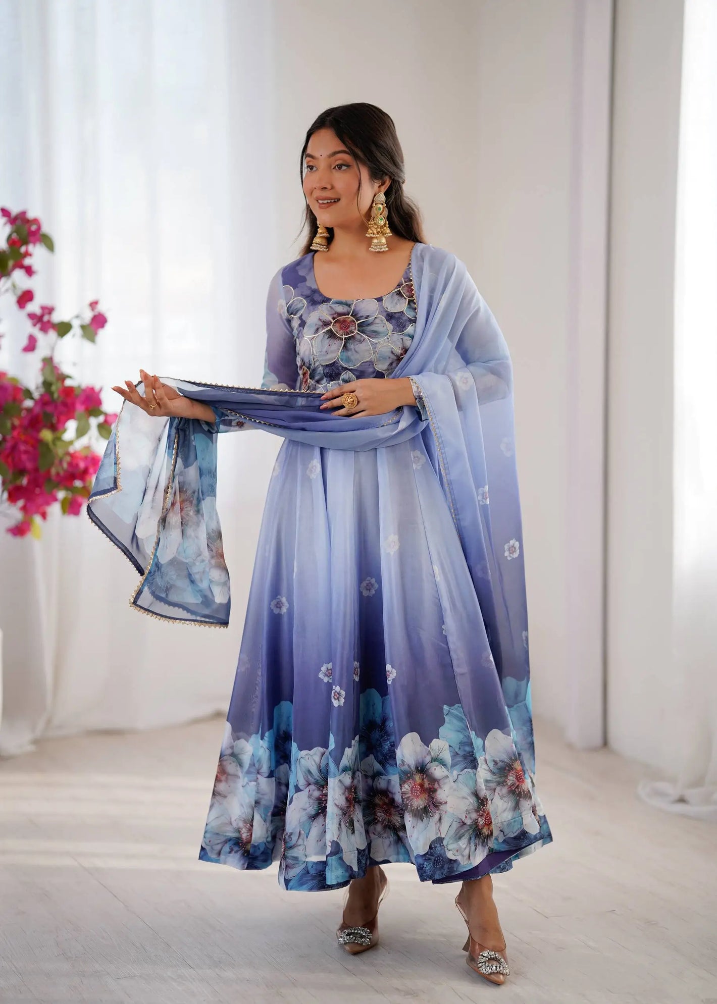 Digital Print Organza Silk Gown Set with Dupatta