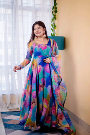 Digital Print Organza Silk Gown Set with Dupatta