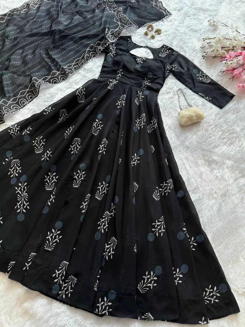 Digital Printed Cotton Anarkali Gown with Dupatta