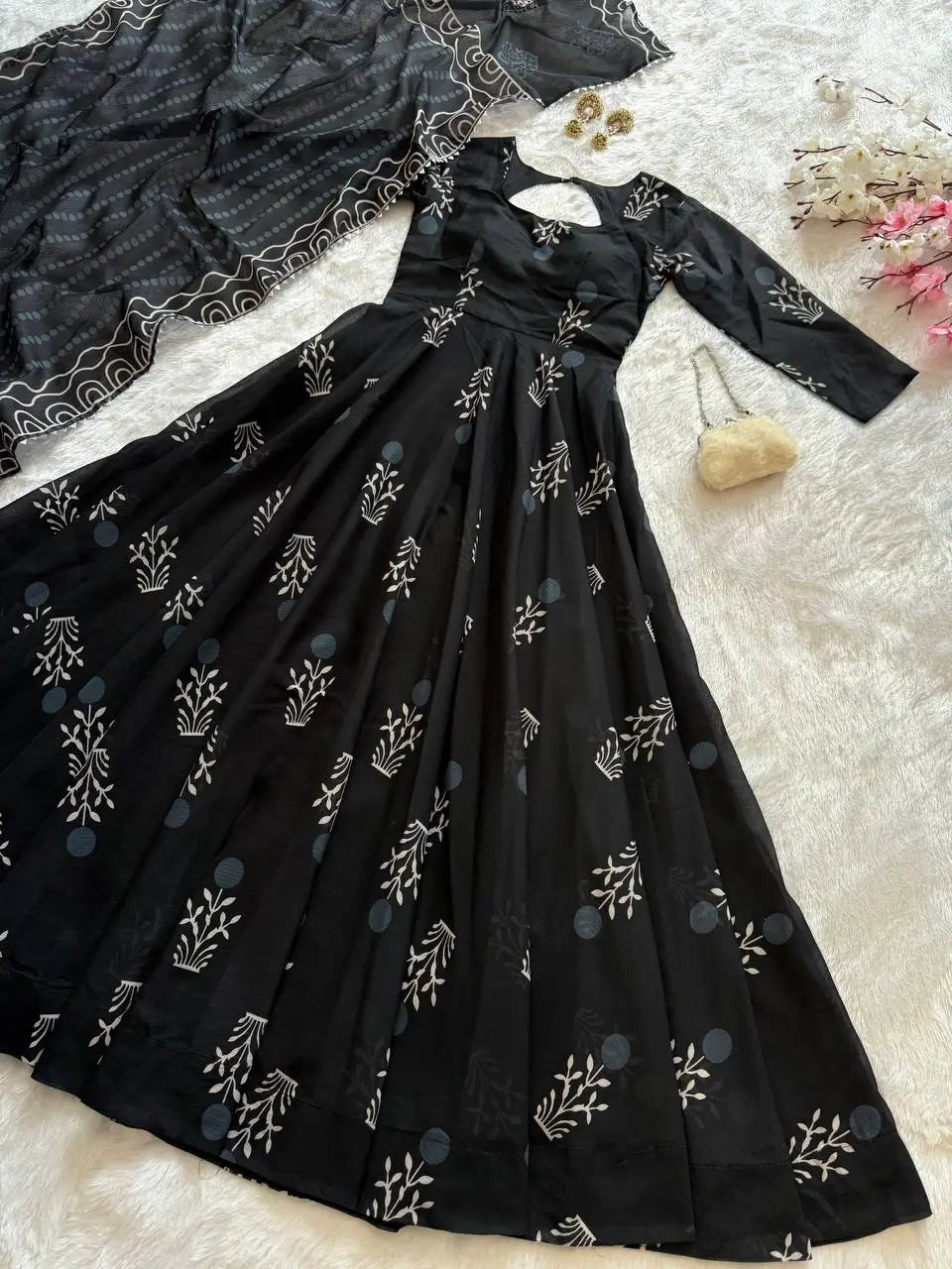 Digital Printed Cotton Anarkali Gown with Dupatta