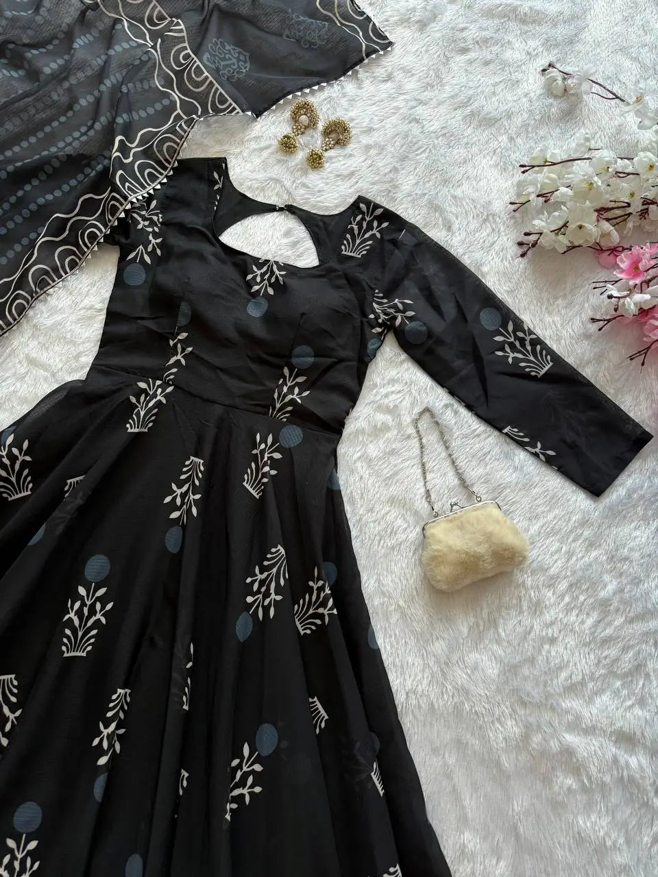 Digital Printed Cotton Anarkali Gown with Dupatta
