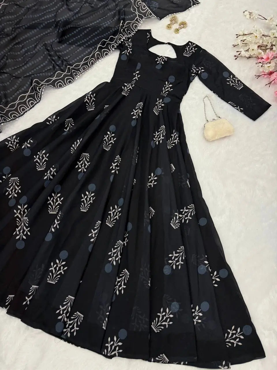 Digital Printed Cotton Anarkali Gown with Dupatta