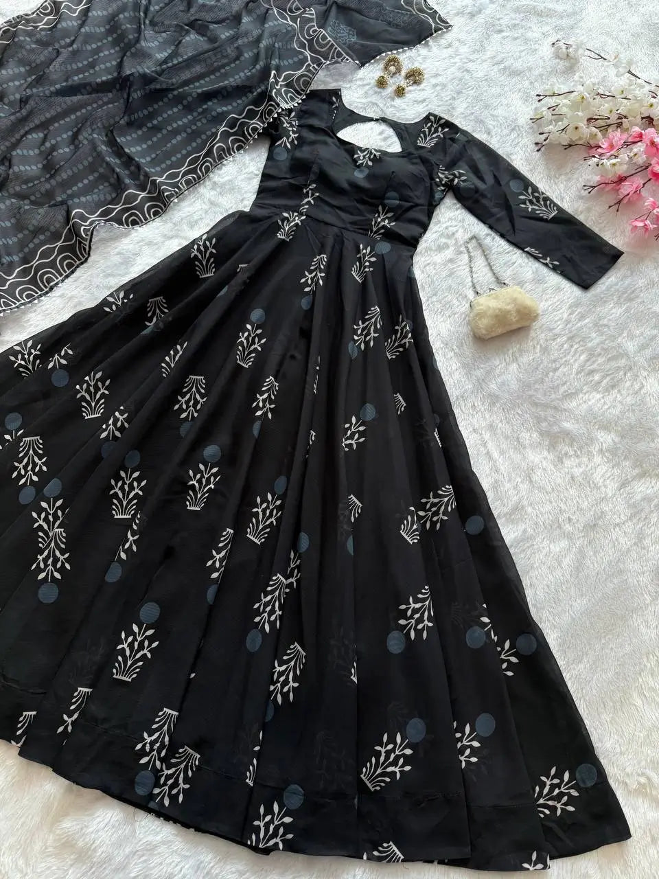 Digital Printed Cotton Anarkali Gown with Dupatta