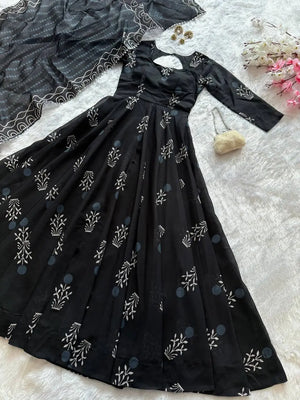 Digital Printed Cotton Anarkali Gown with Dupatta