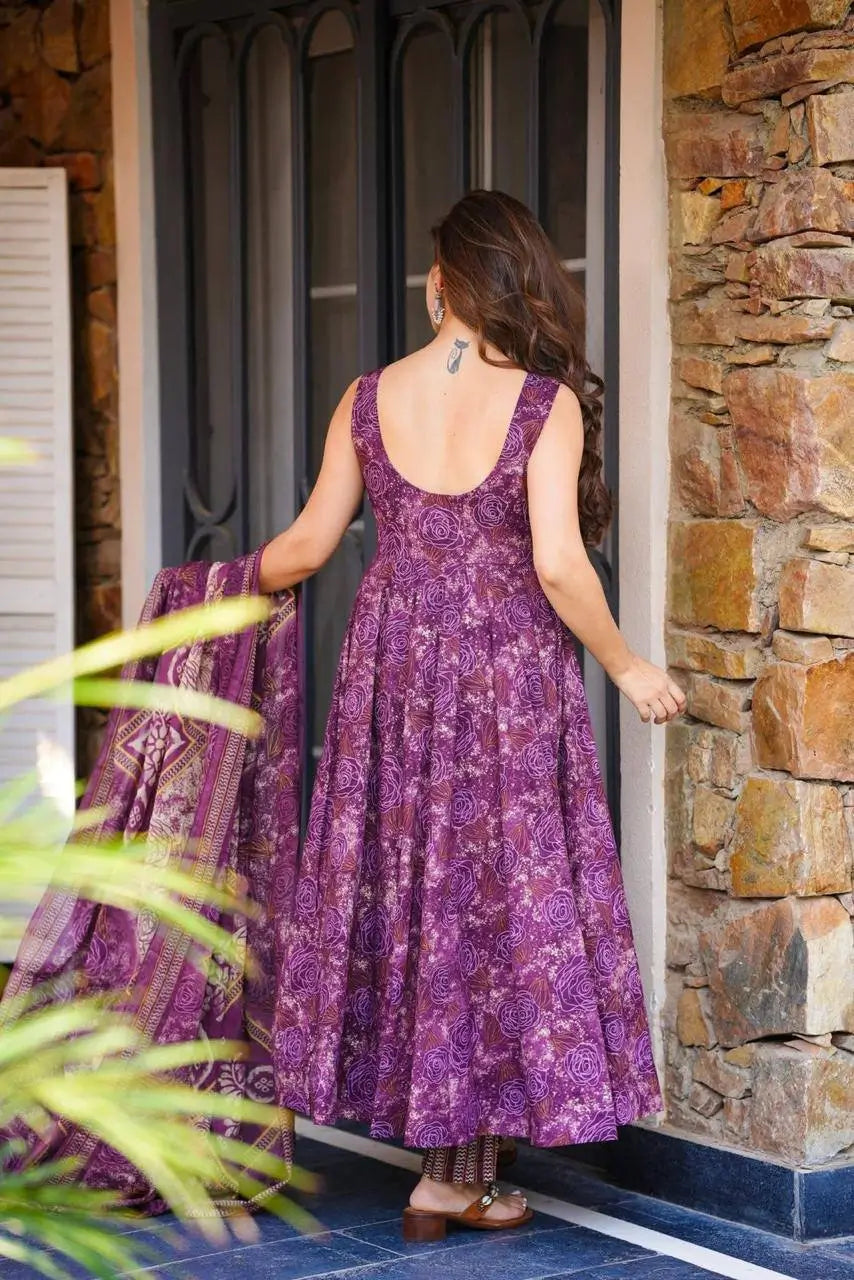 Digital Printed Cotton Anarkali Suit with Dupatta