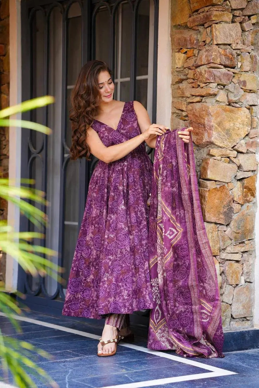 Digital Printed Cotton Anarkali Suit with Dupatta
