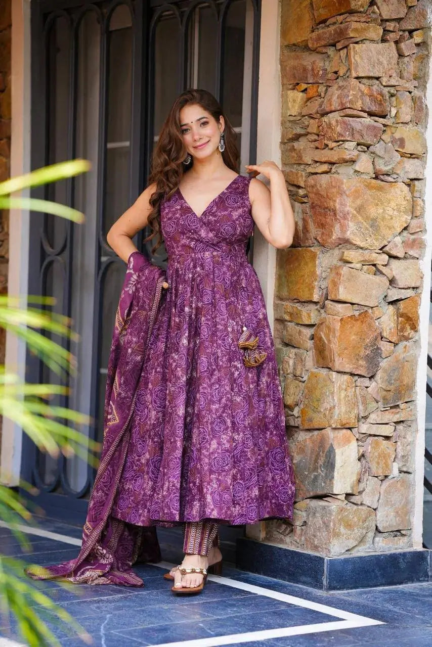 Digital Printed Cotton Anarkali Suit with Dupatta