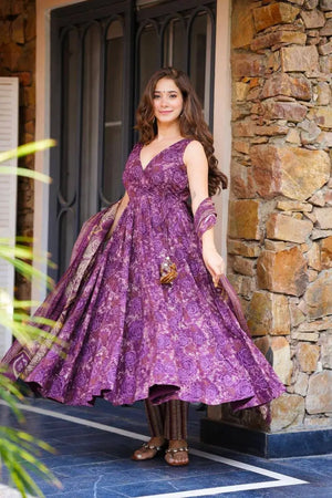 Digital Printed Cotton Anarkali Suit with Dupatta