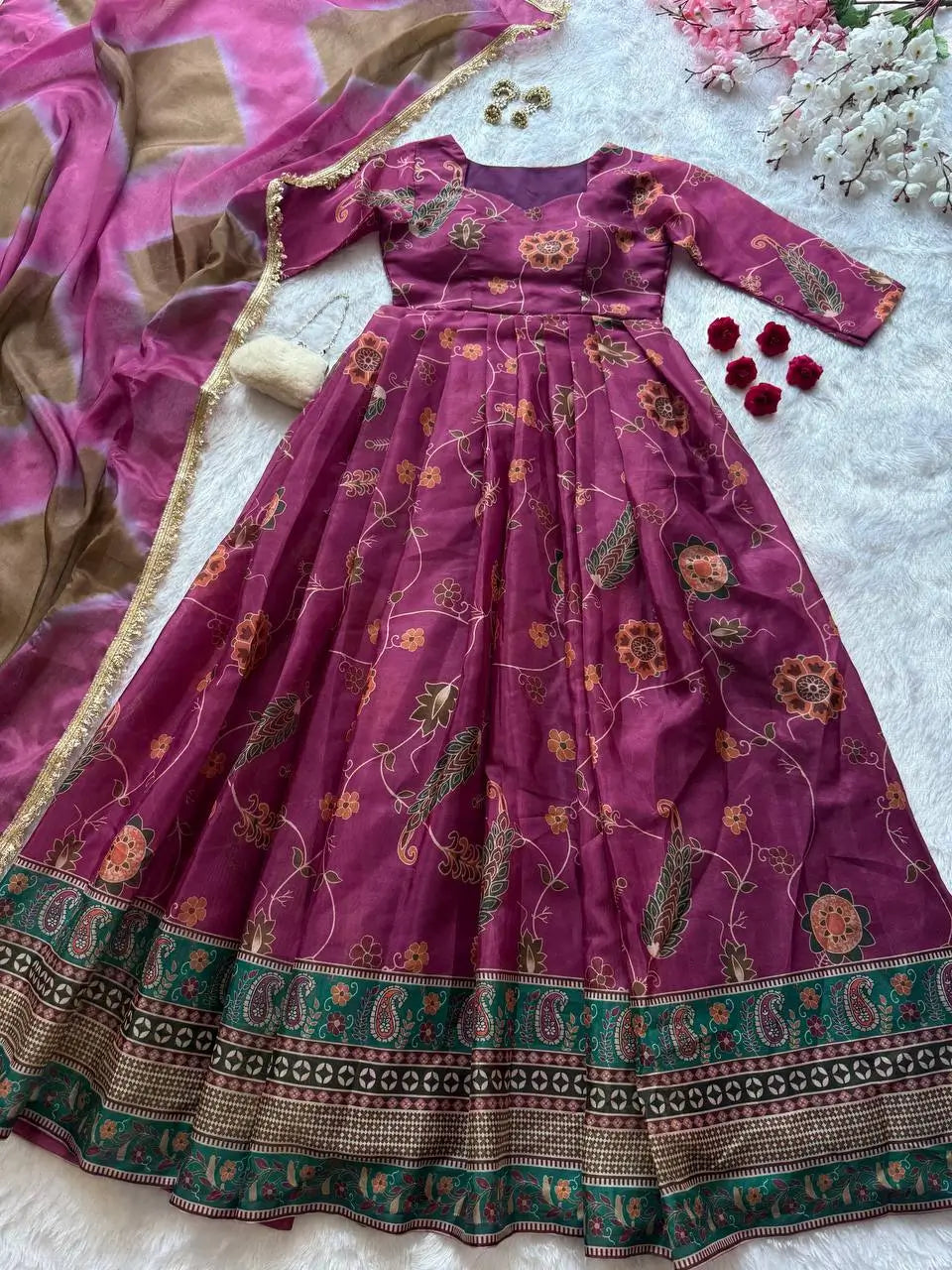 Digital Printed Organza Silk Anarkali Gown Set