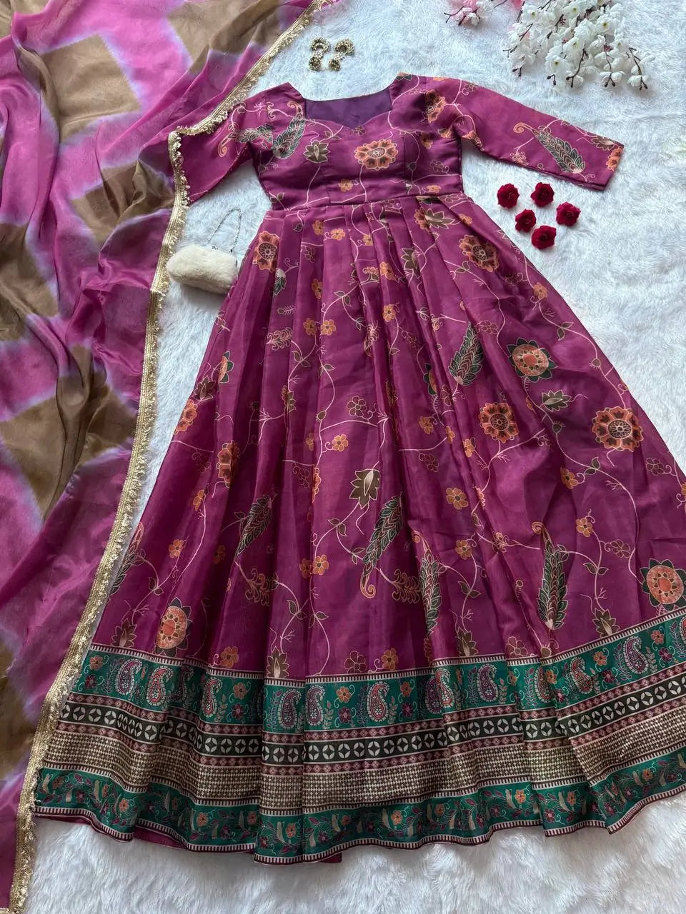 Digital Printed Organza Silk Anarkali Gown Set
