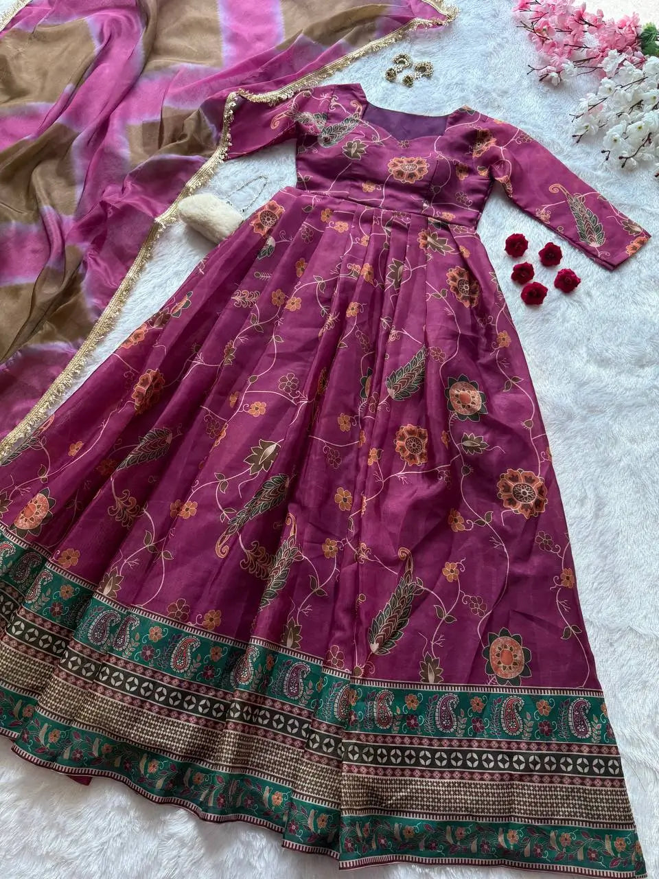 Digital Printed Organza Silk Anarkali Gown Set